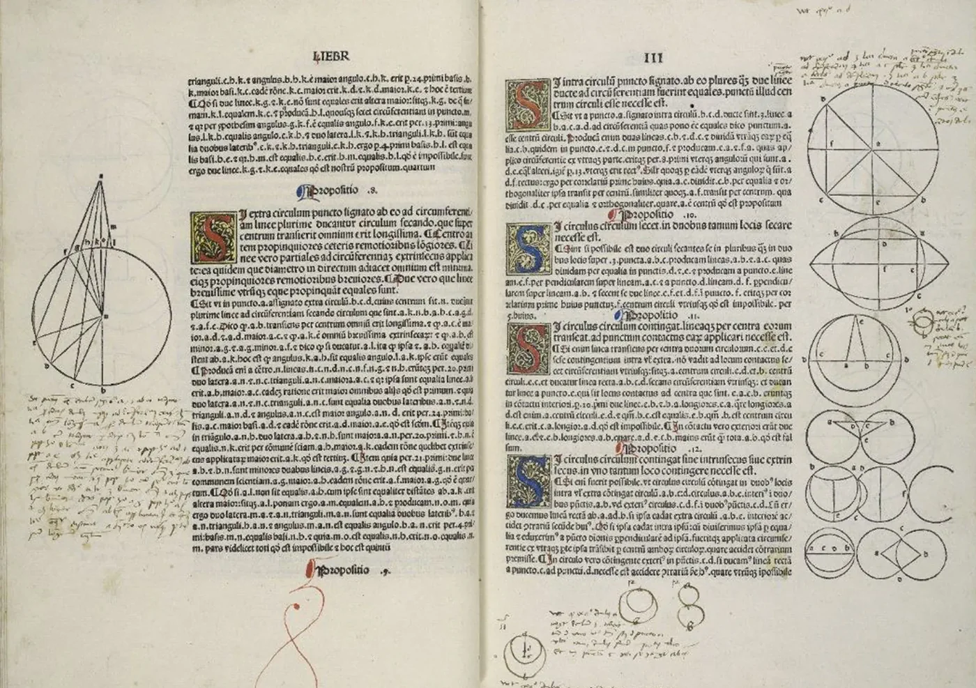A spread of the 1482 printed Elements with handwritten notes in brown ink around the text and diagrams