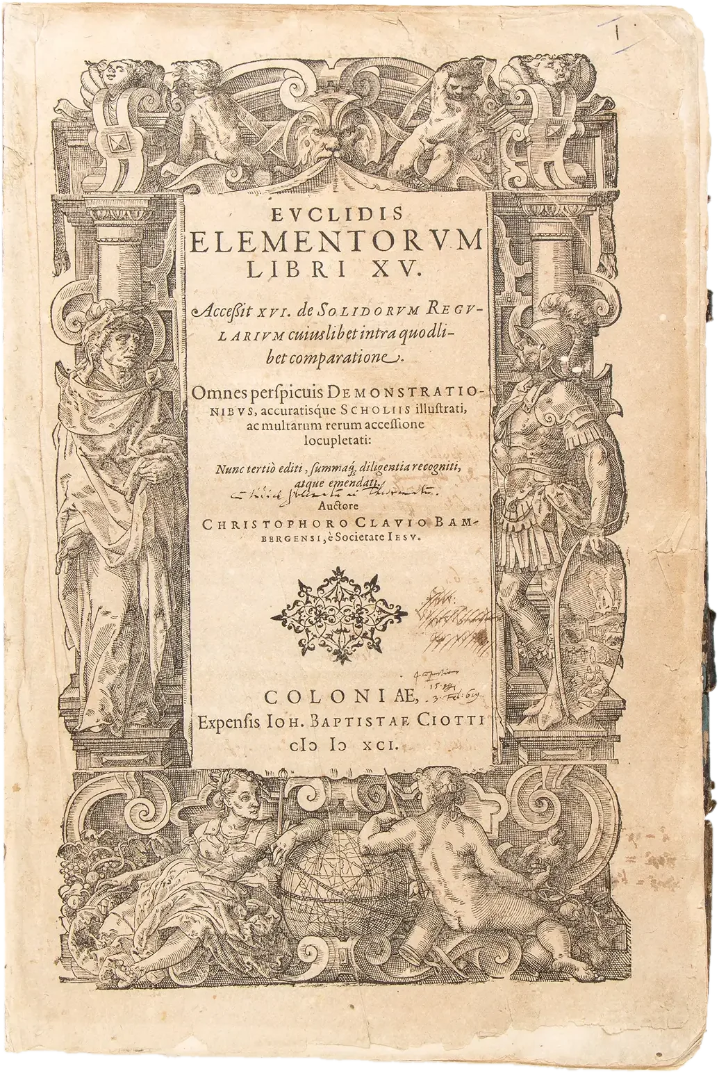 The title page of Clavius’s Latin Elements, printed in Cologne in 1591, inside an engraved border