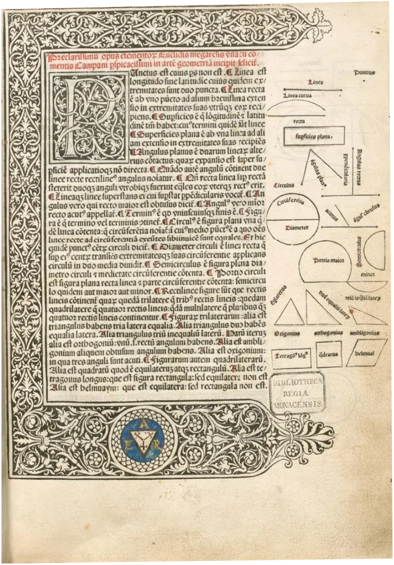 The first page of the 1482 Venice edition, with a woodcut border and the diagrams set in the margin