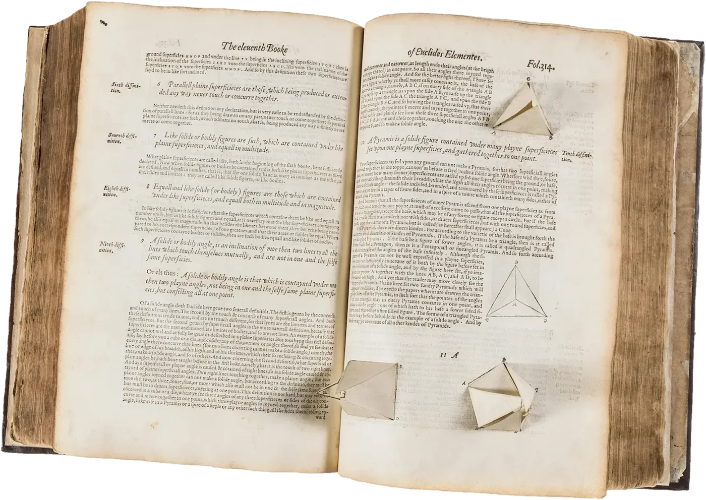 Billingsley’s 1570 Elements open at Book XI, with paper solids raised from both pages