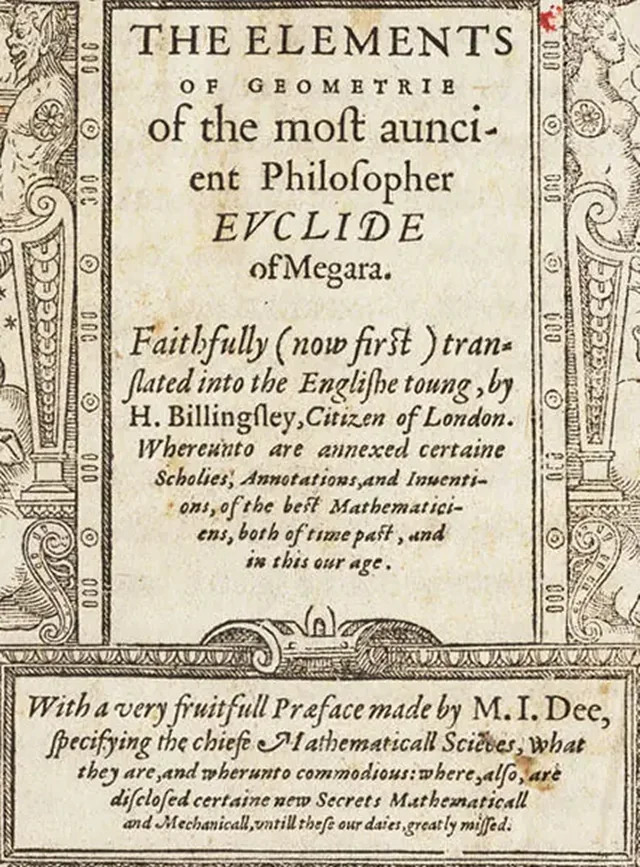 The woodcut title page of Billingsley’s 1570 Elements, naming Euclide of Megara