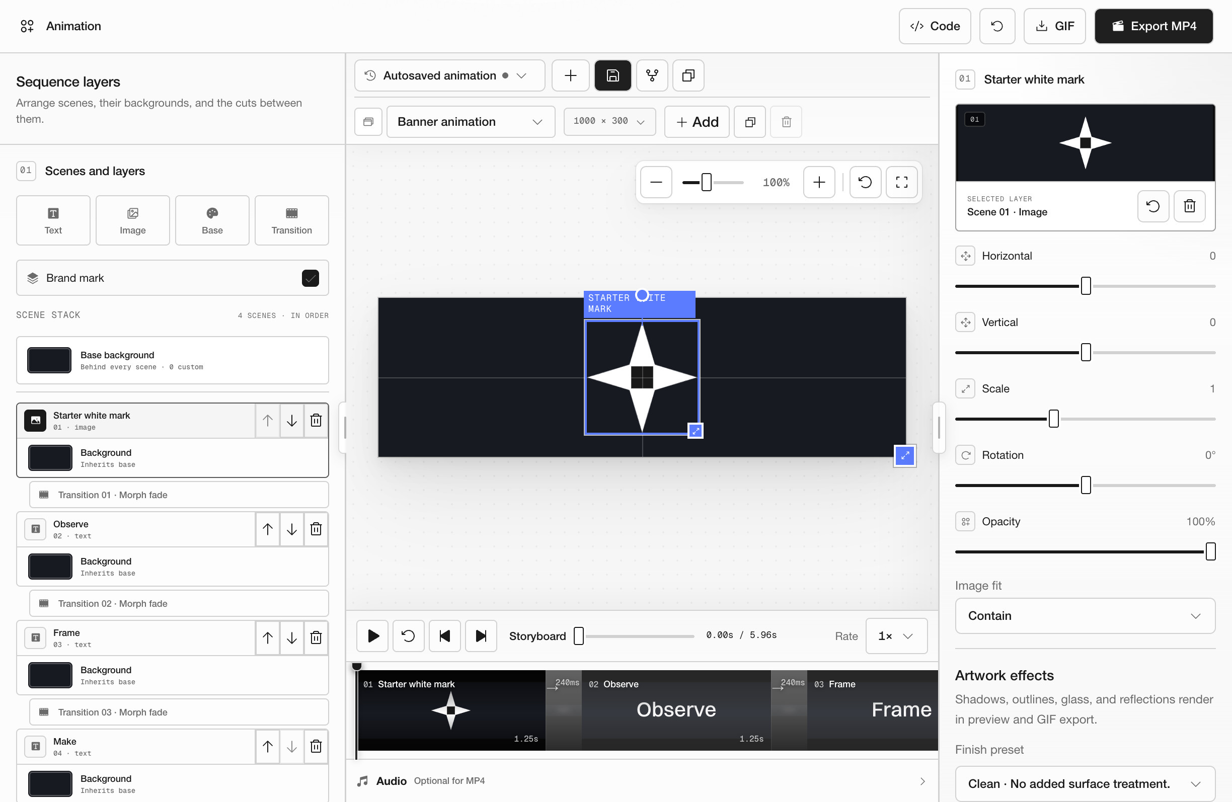 The Glyphfield animation tool, cropped to the sequence layers, the artboard and storyboard, and the per-layer controls
