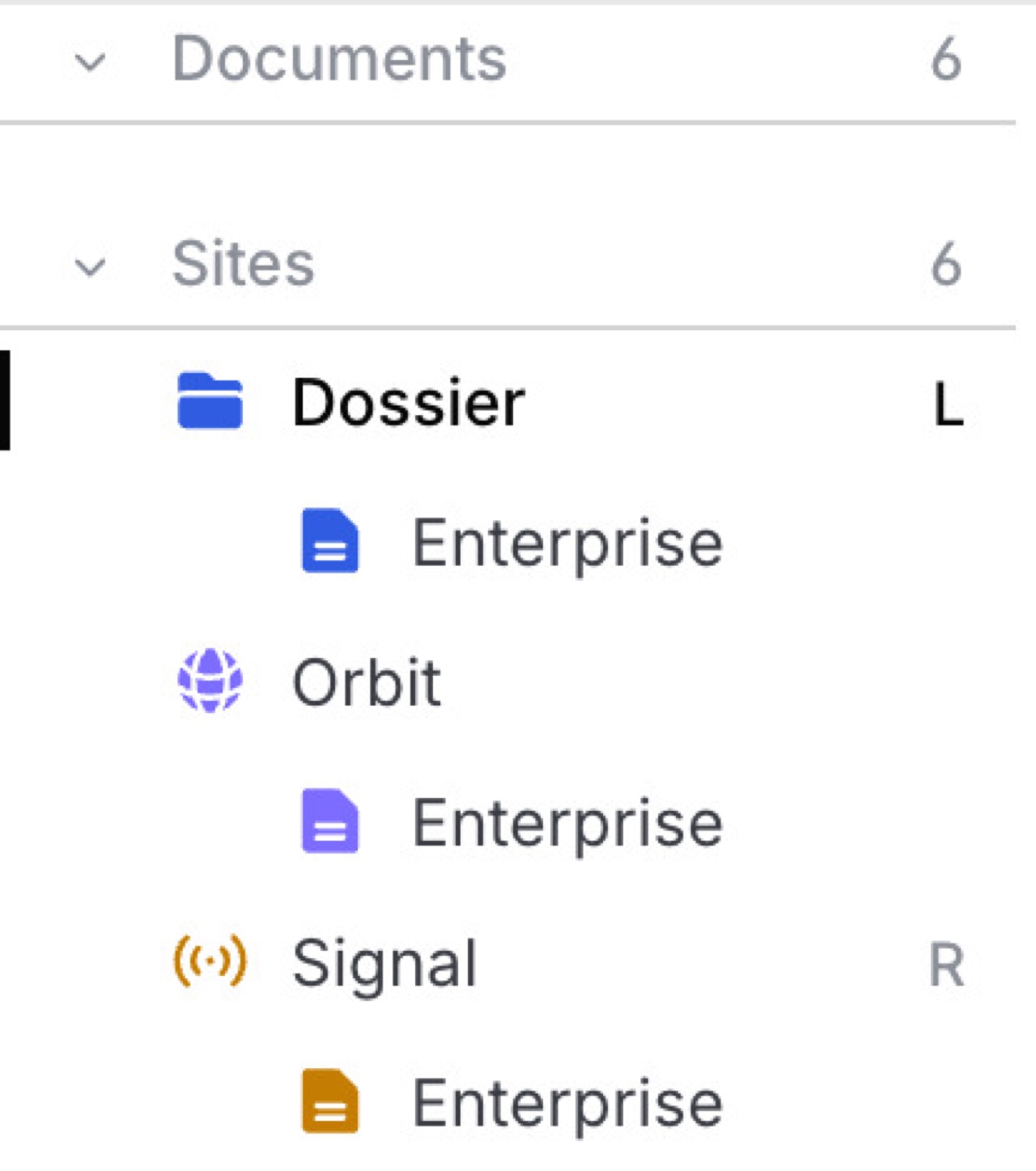 The Sites group of the compare list, with Dossier marked L and Signal marked R