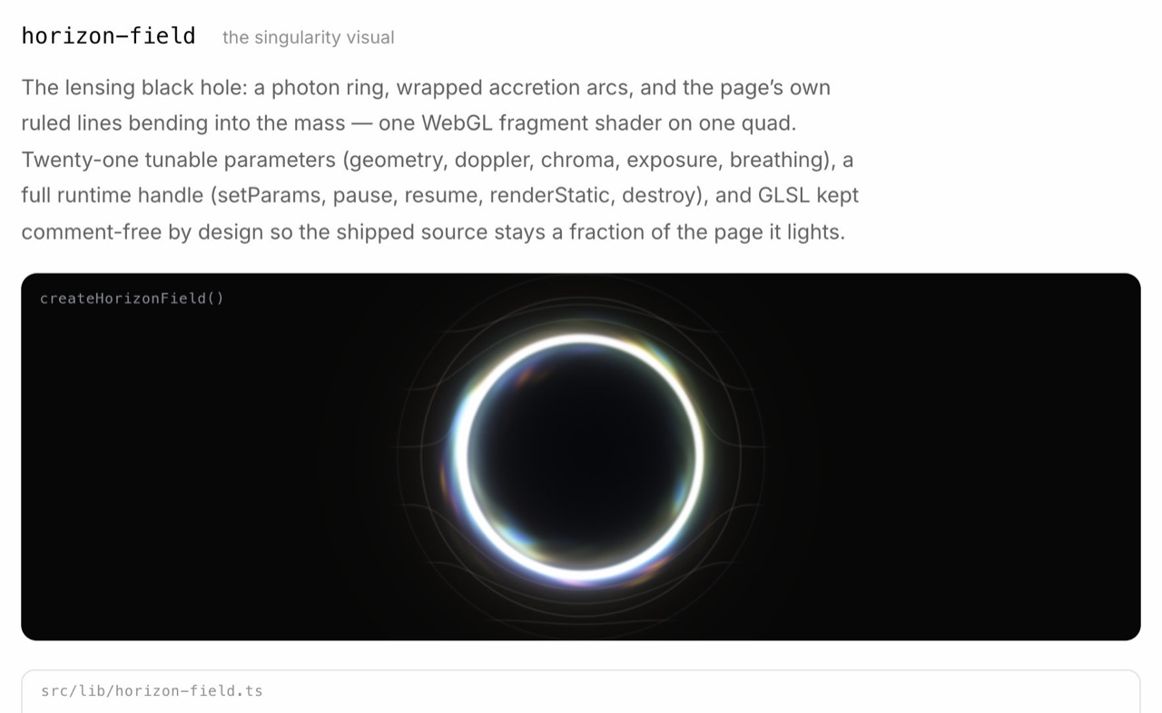 The horizon field entry in the build log: heading, prose, the plate running the lensing shader and the source path