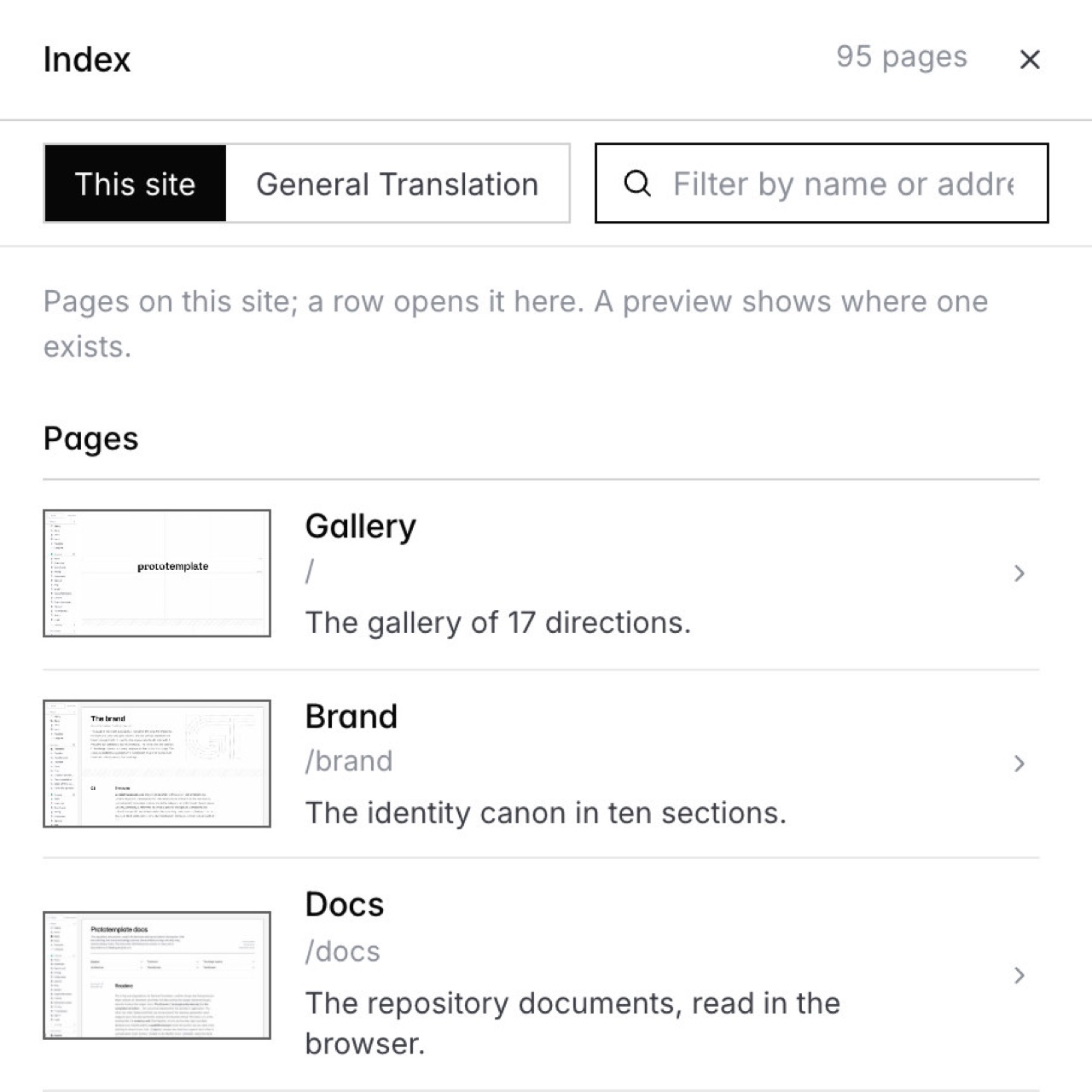 The top of the index panel with its first three rows