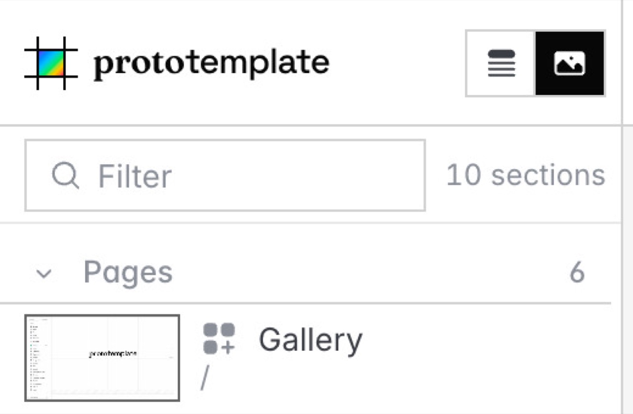 The corner where the sidebar meets the toolbar, at two times scale, with the sidebar in thumbnail density and the complete Gallery row with its thumbnail