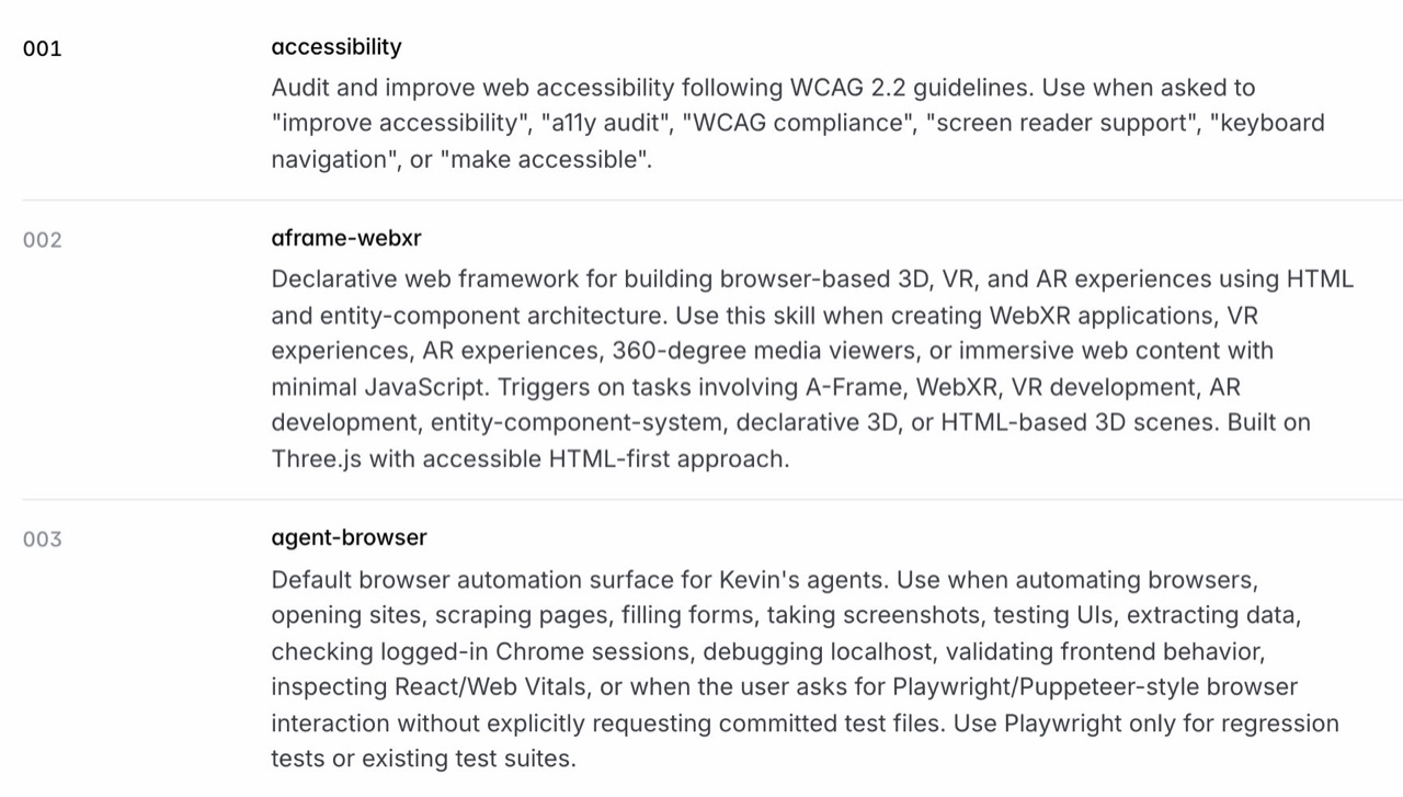 The first three skill rows: accessibility, aframe-webxr and agent-browser, each with a number, a name and a description