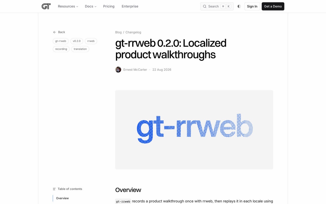 The gt-rrweb 0.2.0 release note with its generated cover