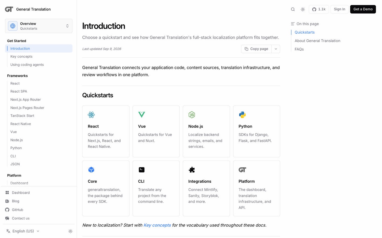 The docs front page