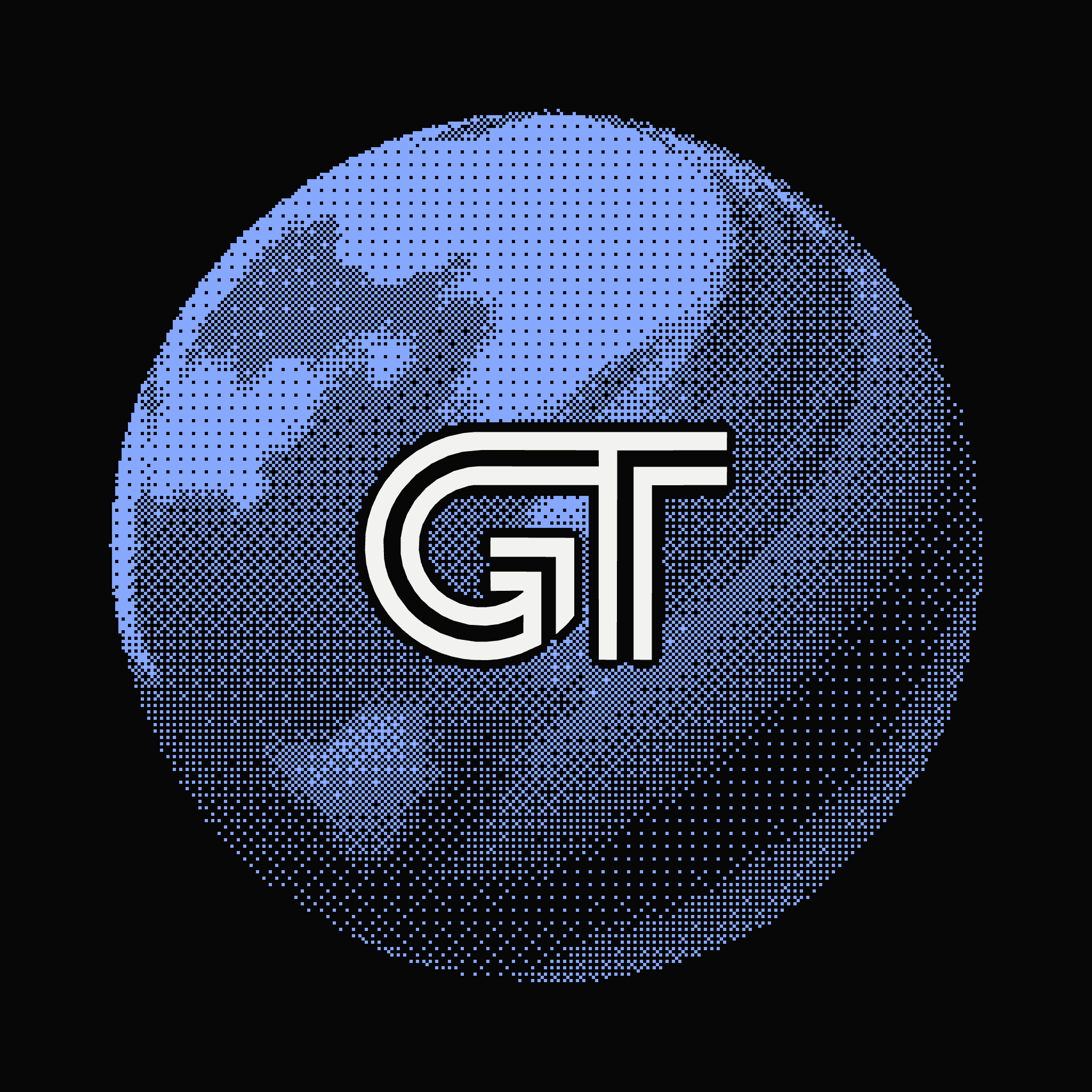 The dithered globe with the GT monogram, drawn in doubled white lines, at its center