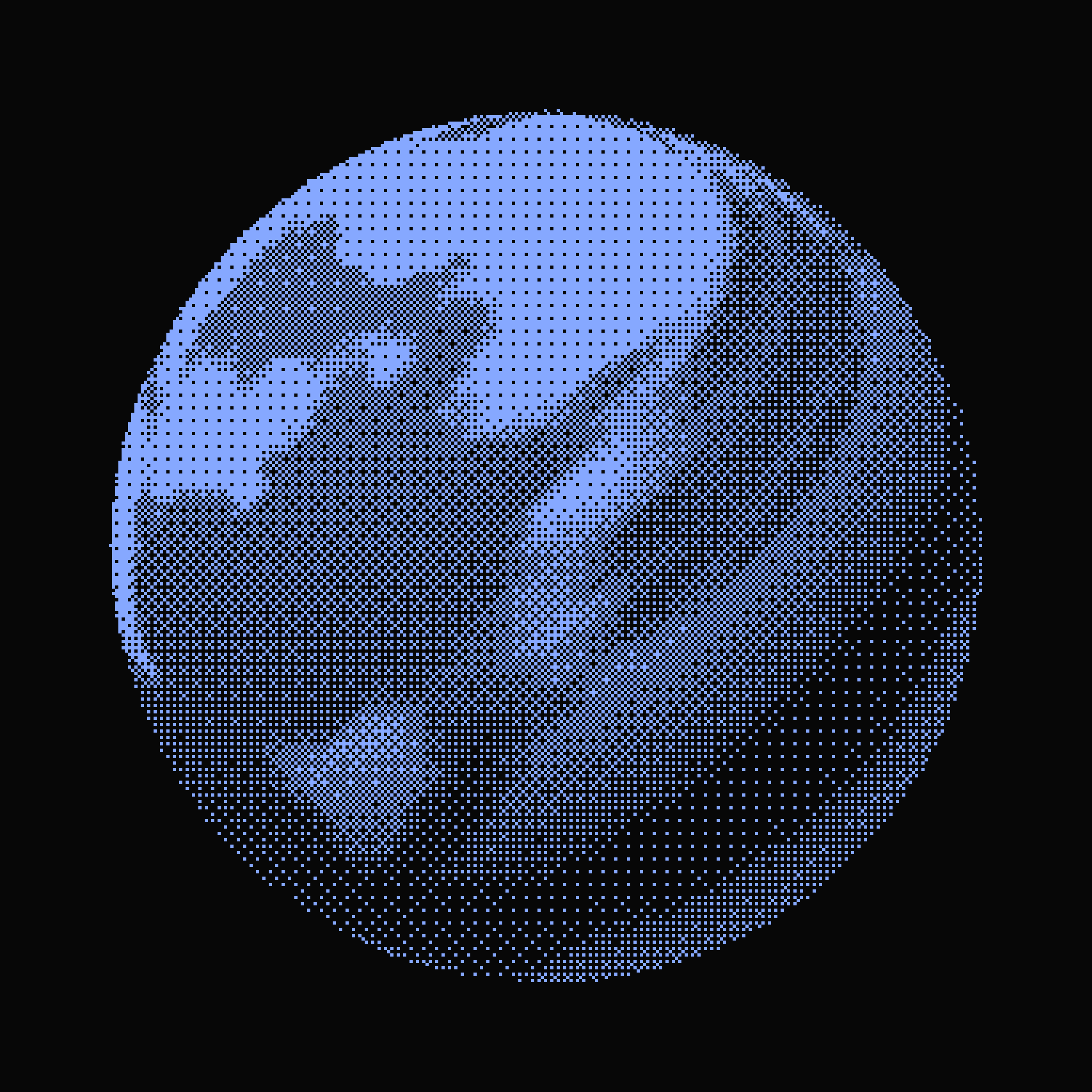 A globe printed in pale blue Bayer dither on near-black, lit from the upper left, with land and sea told apart by the density of the dots