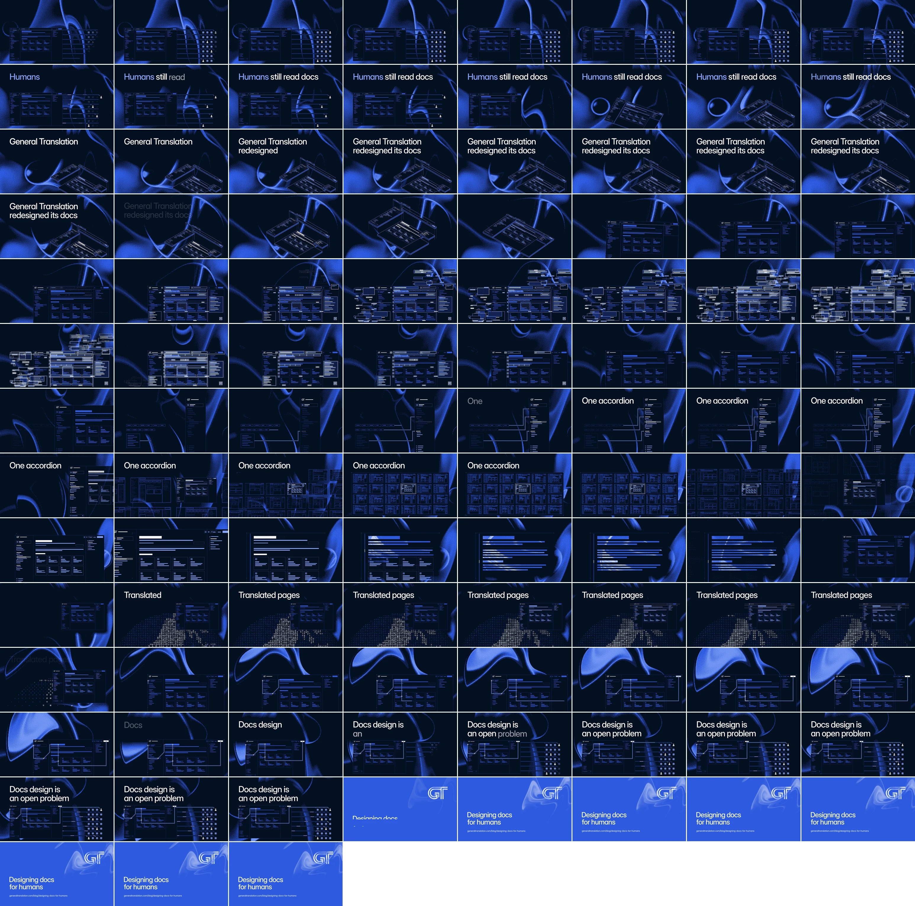 The contact sheet of the v4 cut of Designing docs for humans: 107 frames, two a second, eight to a row