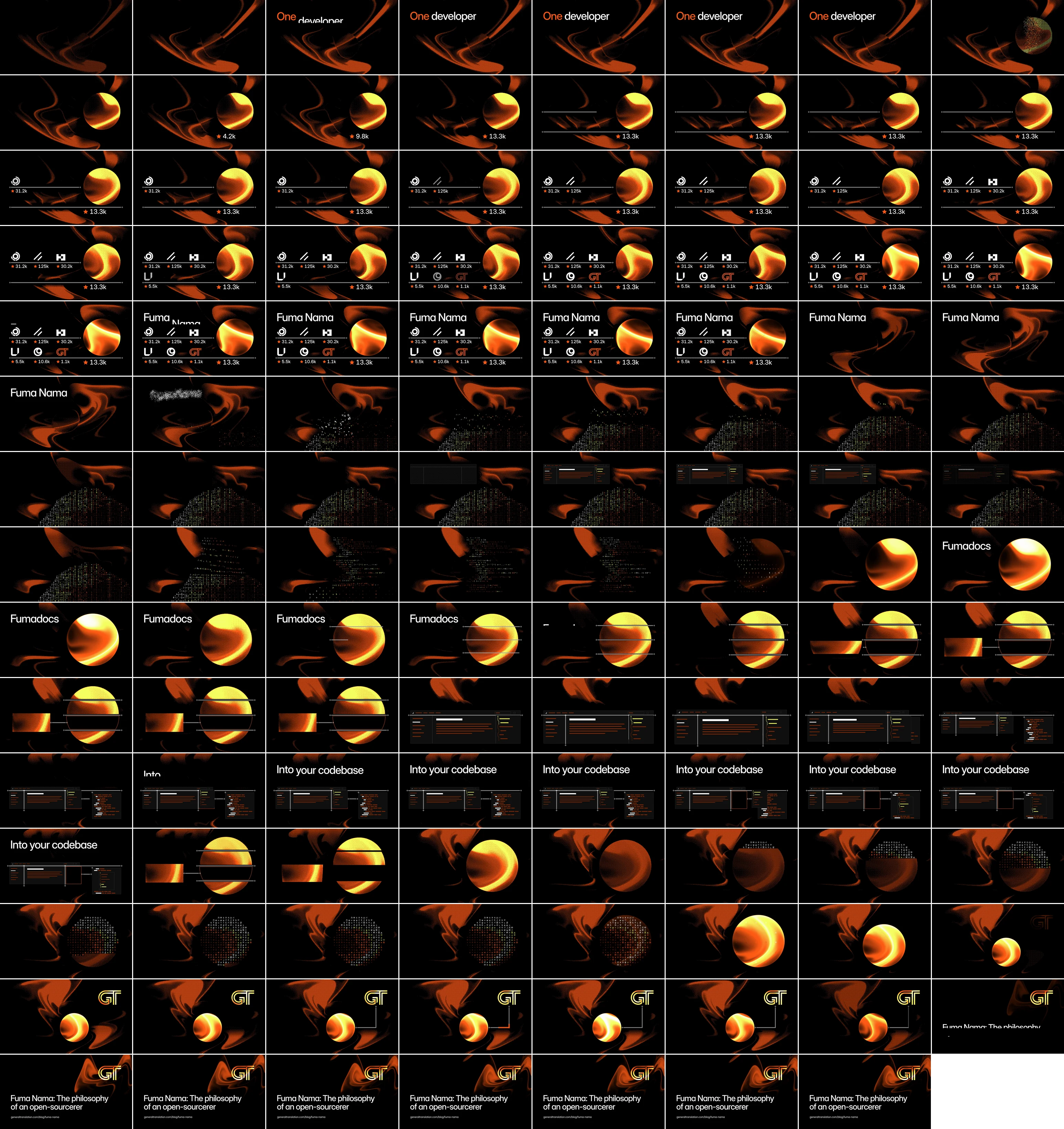 The contact sheet of the v4 cut of Fuma Nama, the philosophy of an open-sourcerer: 119 frames, two a second, eight to a row