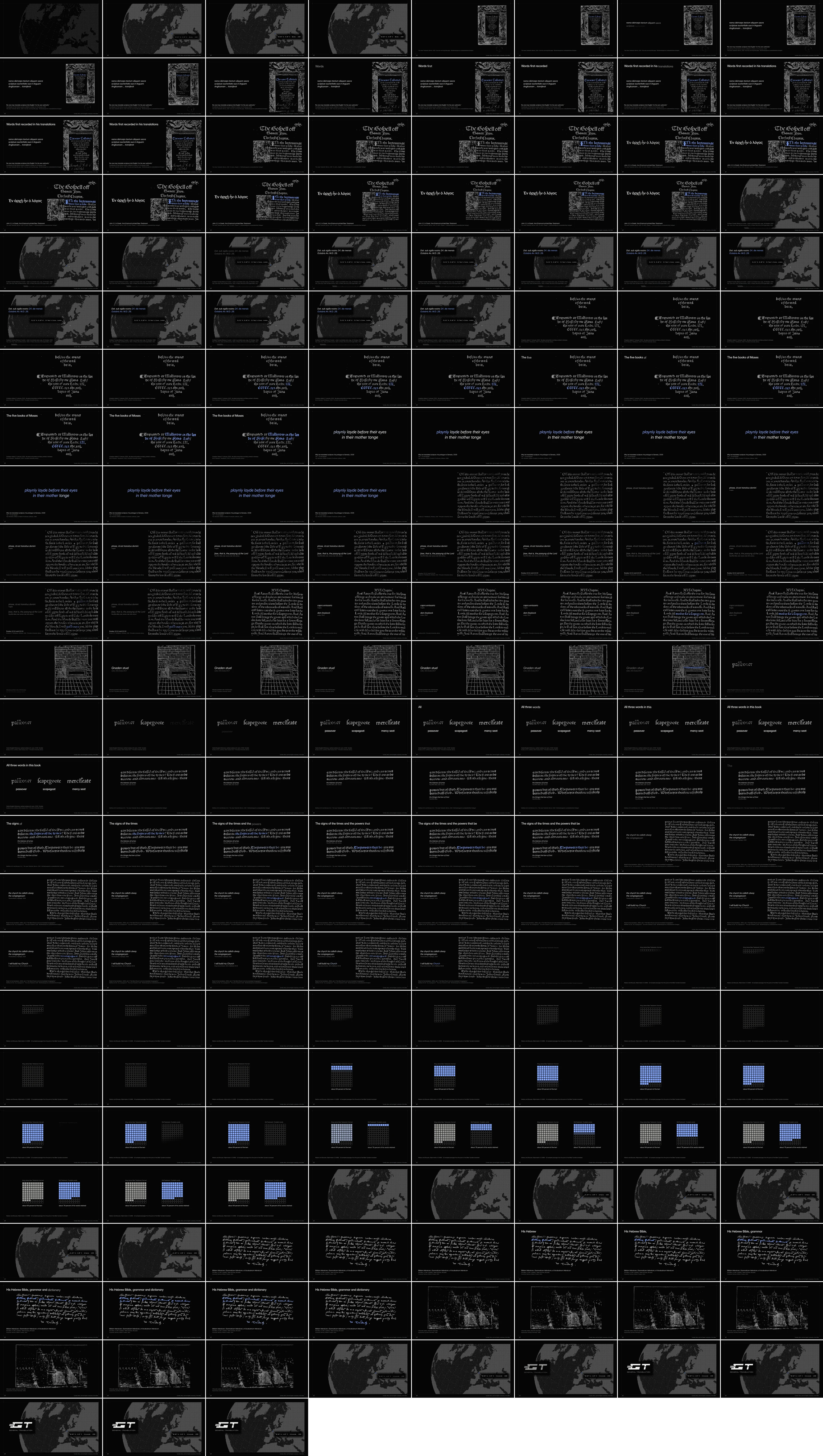 The contact sheet of the cut of Tyndale, More, and the English vocabulary of the Bible: 195 frames, two a second, eight to a row
