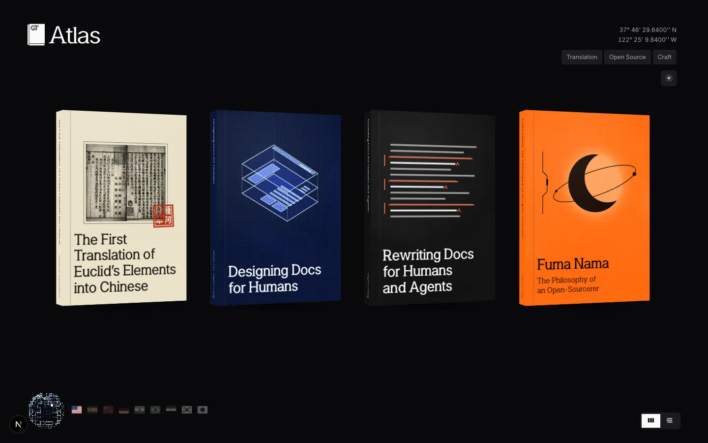 The GT Atlas shelf: four books in a row, turned to show their spines