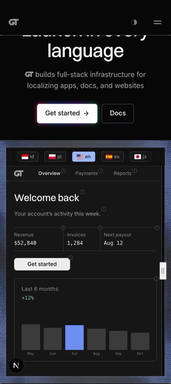 Hero section: mobile, dark theme