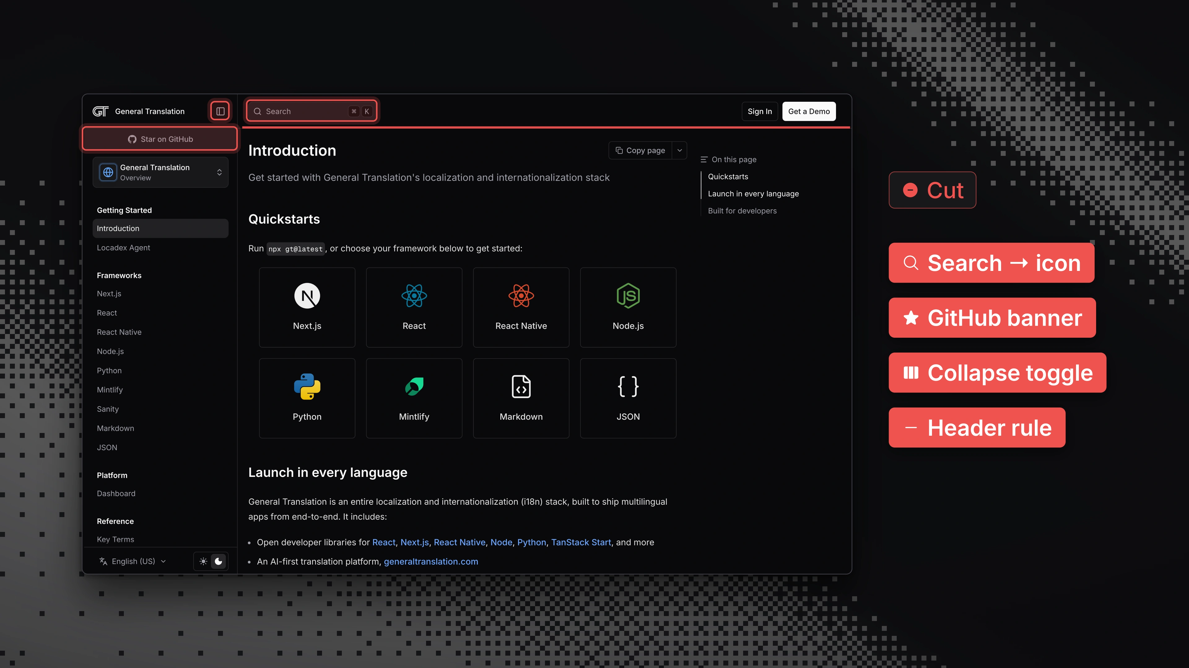 The old docs page with the removed elements struck in red: the search field, the GitHub banner, the sidebar toggle, and the header rule