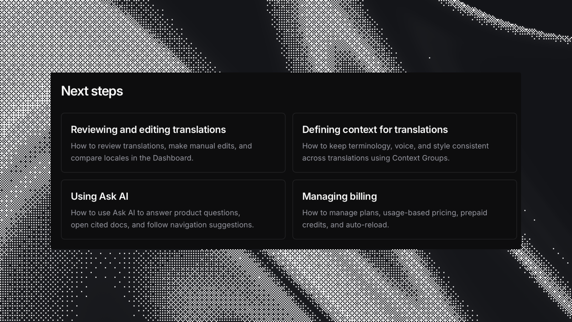 The Next steps component, linking a page to its four most related guides